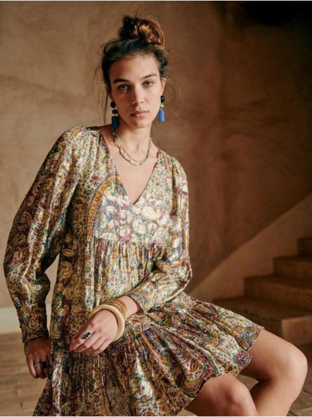 Sezane Silk Paisley V-Neck Long Sleeve Dress. Size 38/ US 6
